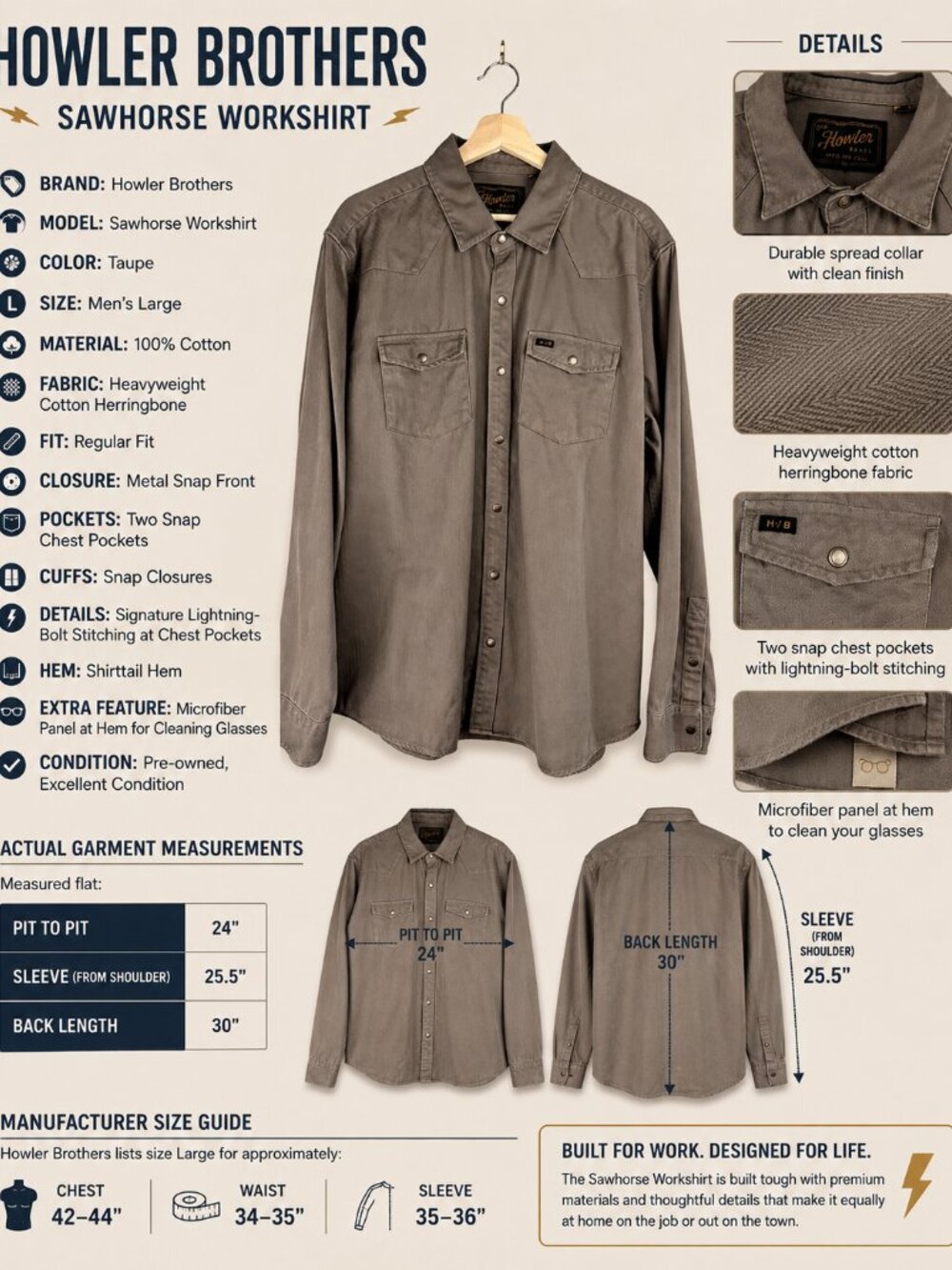 Howler Brothers Sawhorse Workshirt – Taupe – Men’s Large – Gently Used - Picture 7 of 7